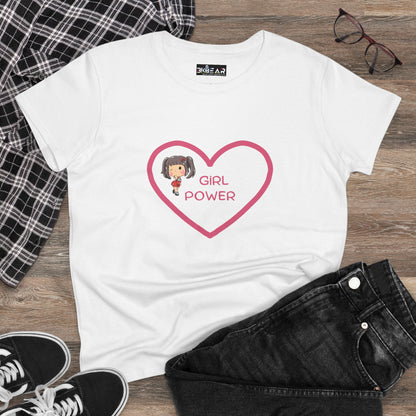 White Printify girl power shirt with pink heart and cartoon girl design laid flat with black jeans and shoes