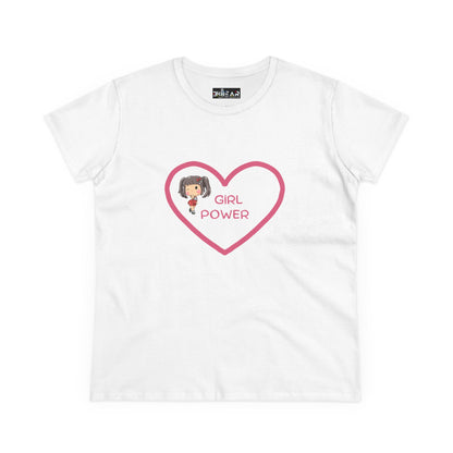 White Printify girl power shirt with pink heart and cartoon girl graphic on front