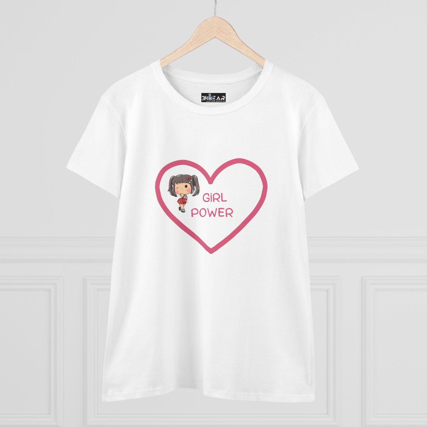 White Printify t-shirt featuring a girl power shirt design with a heart and girl graphic