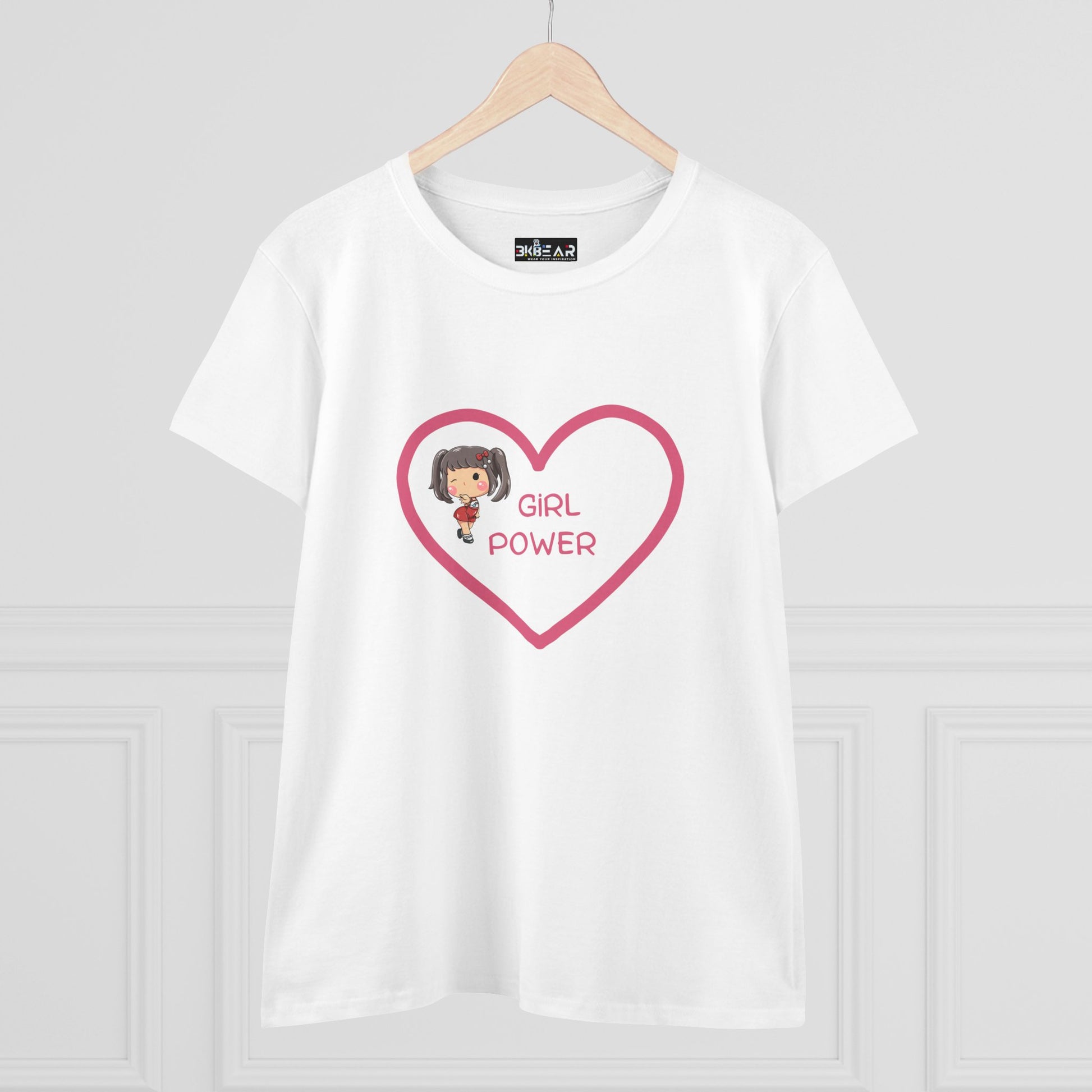 White Printify t-shirt featuring a girl power shirt design with a heart and girl graphic