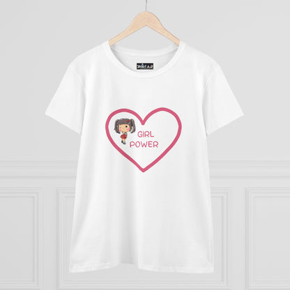 White Printify t-shirt featuring a girl power shirt design with a heart and girl graphic