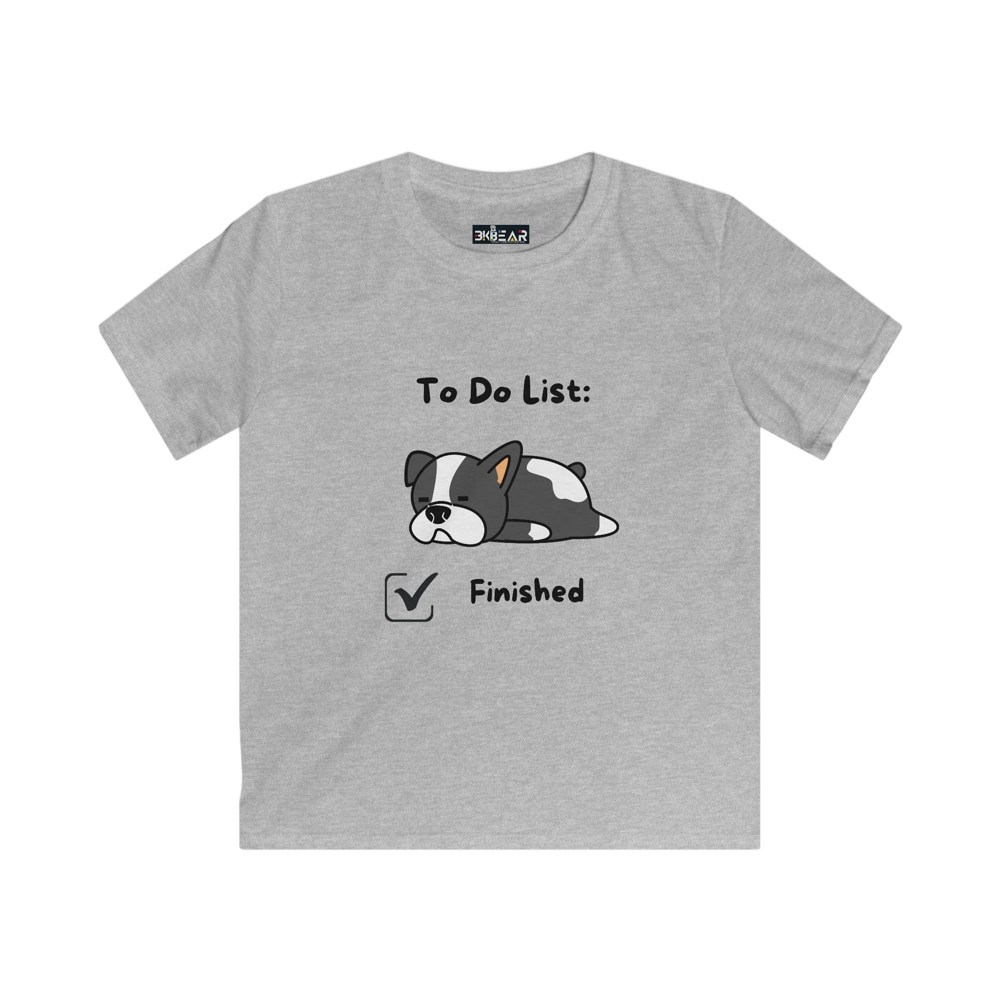 Gray kids shirt featuring a cartoon dog and playful to do list shirt kids design with finished checkbox
