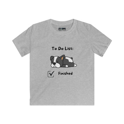 Gray kids shirt featuring a cartoon dog and playful to do list shirt kids design with finished checkbox