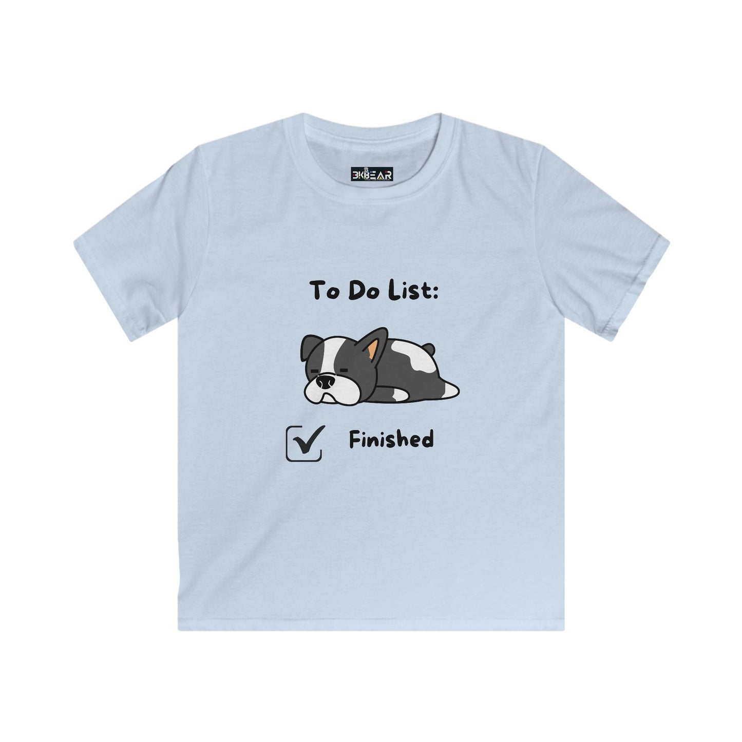 Light blue kids shirt with cartoon dog and text To Do List Finished to do list shirt kids