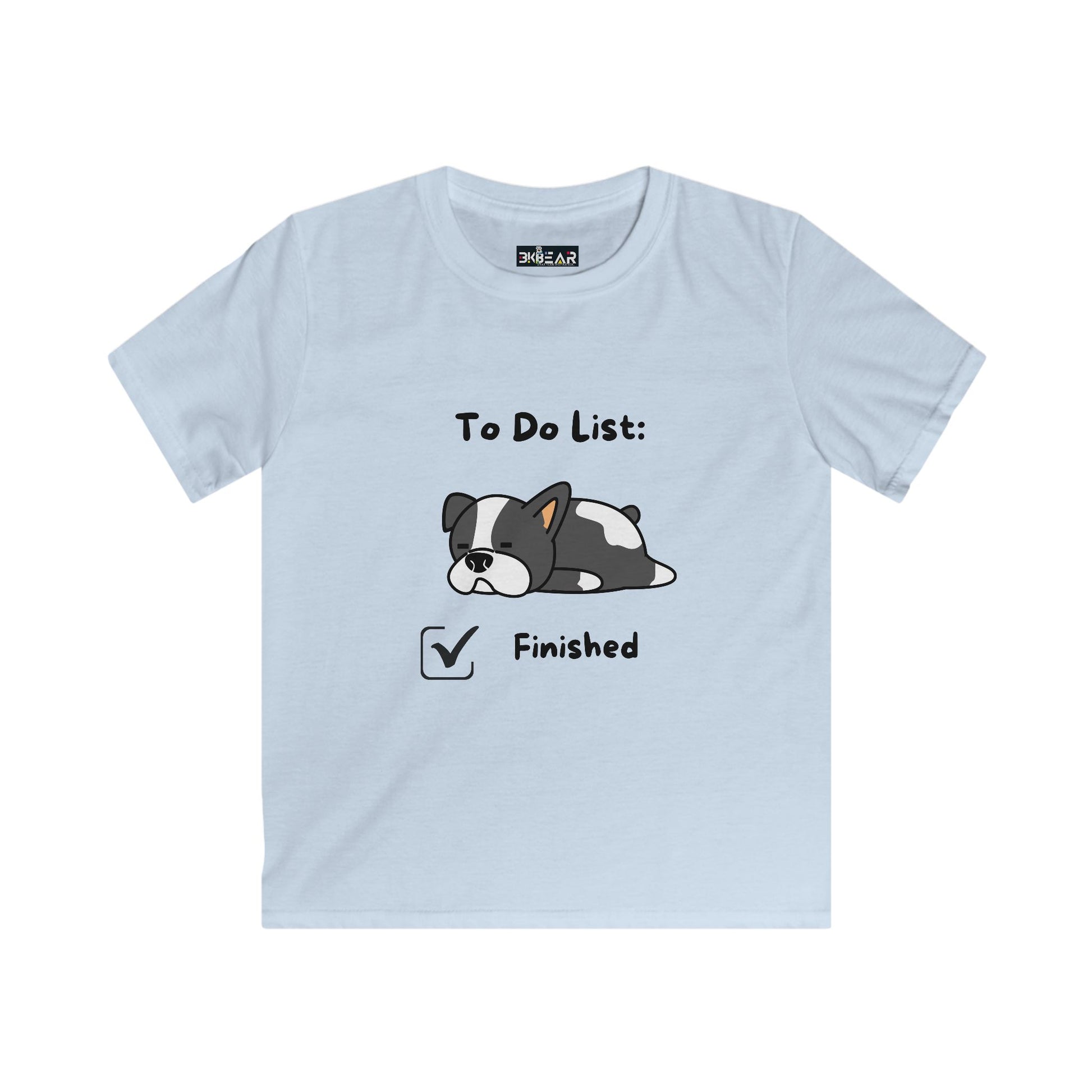 Light blue kids shirt with cartoon dog and text To Do List Finished to do list shirt kids