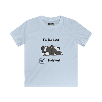 Light blue kids shirt with cartoon dog and text To Do List Finished to do list shirt kids