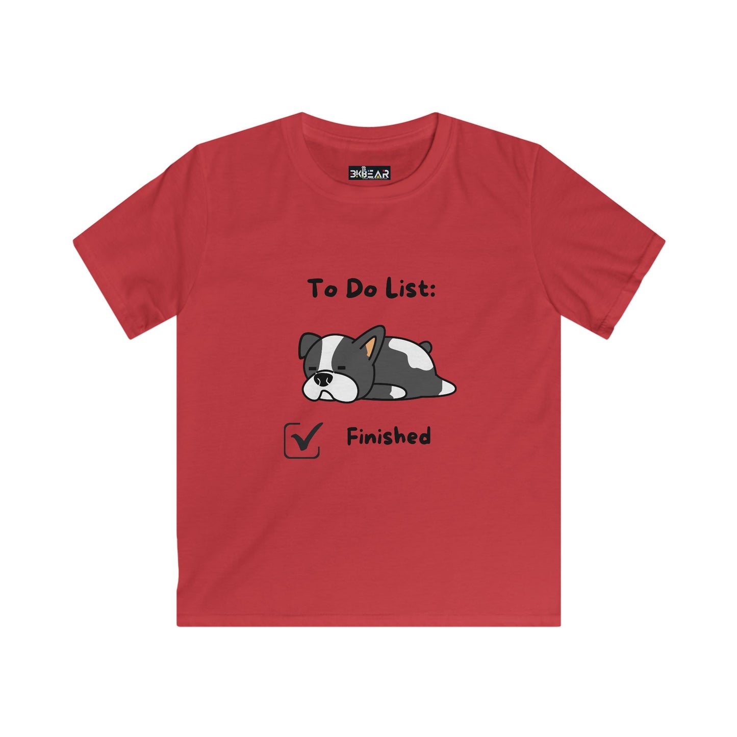 Red to do list shirt kids with cute sleeping dog graphic and finished checkbox from Printify