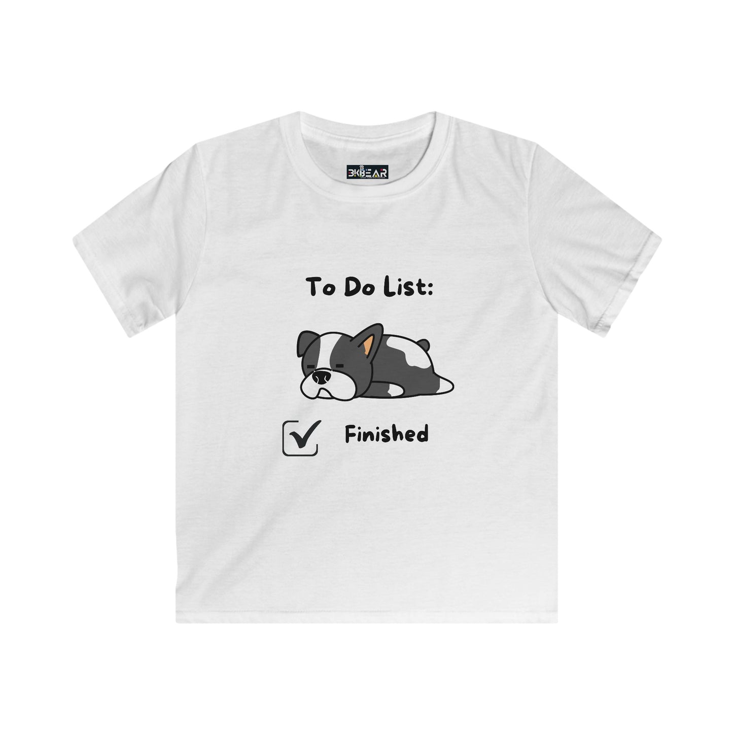 White kids t-shirt with a cute sleeping dog and funny to do list shirt kids design finished checkbox