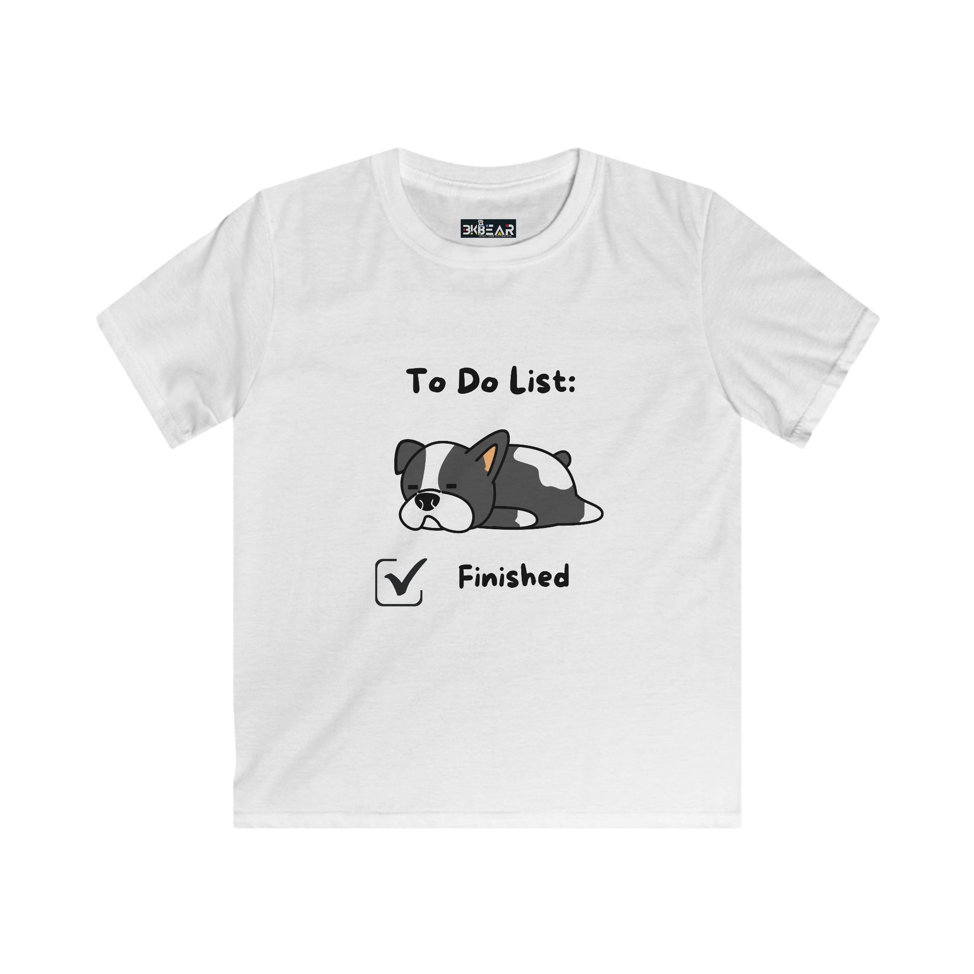 White kids t-shirt with a cute sleeping dog and funny to do list shirt kids design finished checkbox