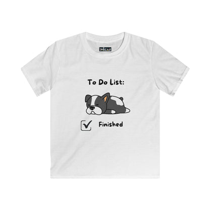 White kids t-shirt with a cute sleeping dog and funny to do list shirt kids design finished checkbox