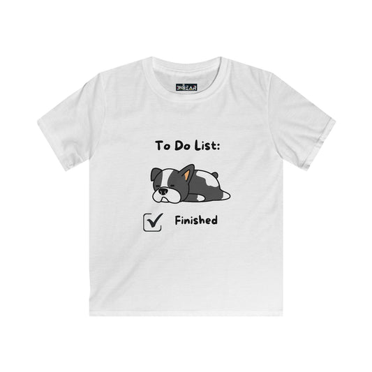 White kids t-shirt with a cute sleeping dog and funny to do list shirt kids design finished checkbox