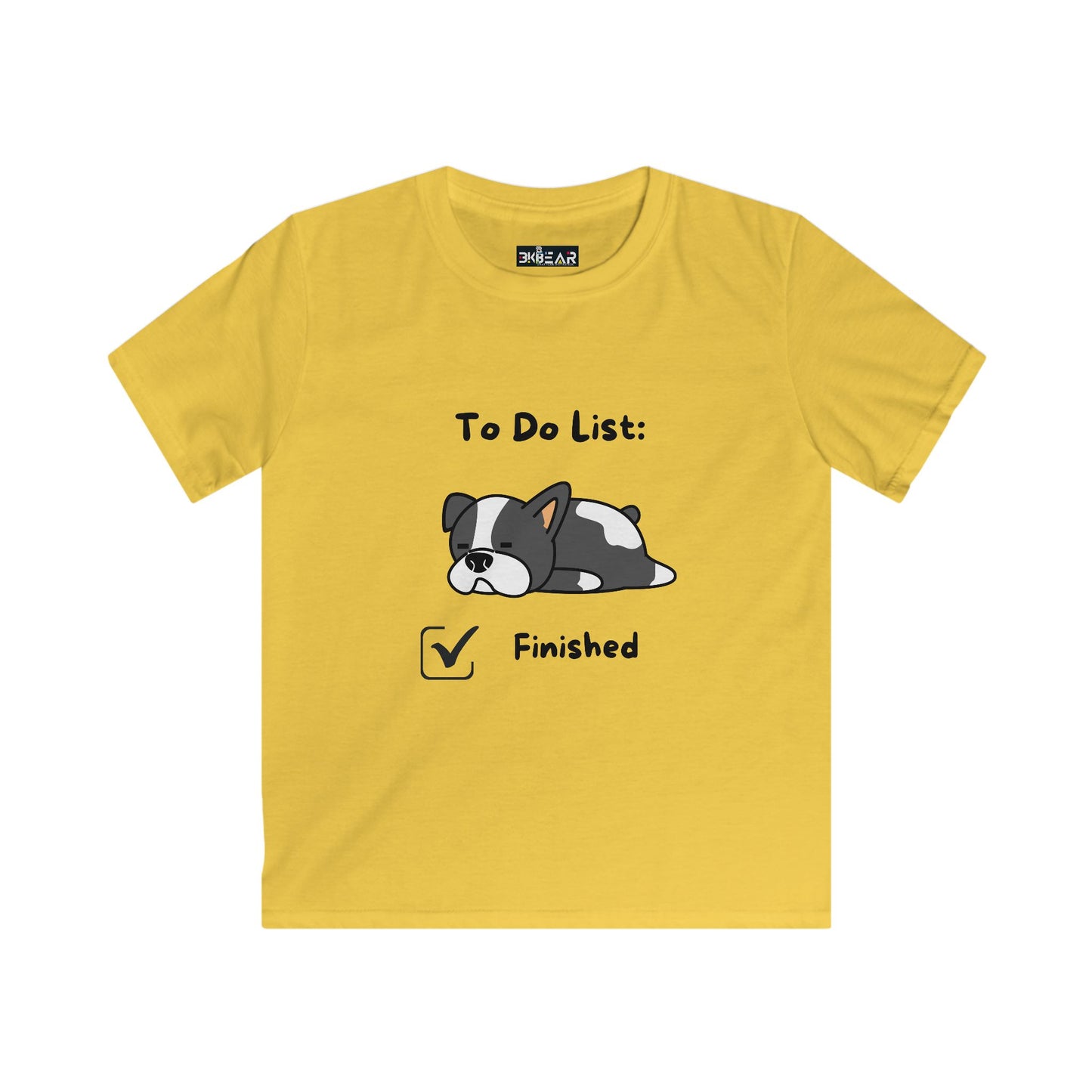Yellow to do list shirt kids with a sleeping dog and finished checkbox graphic