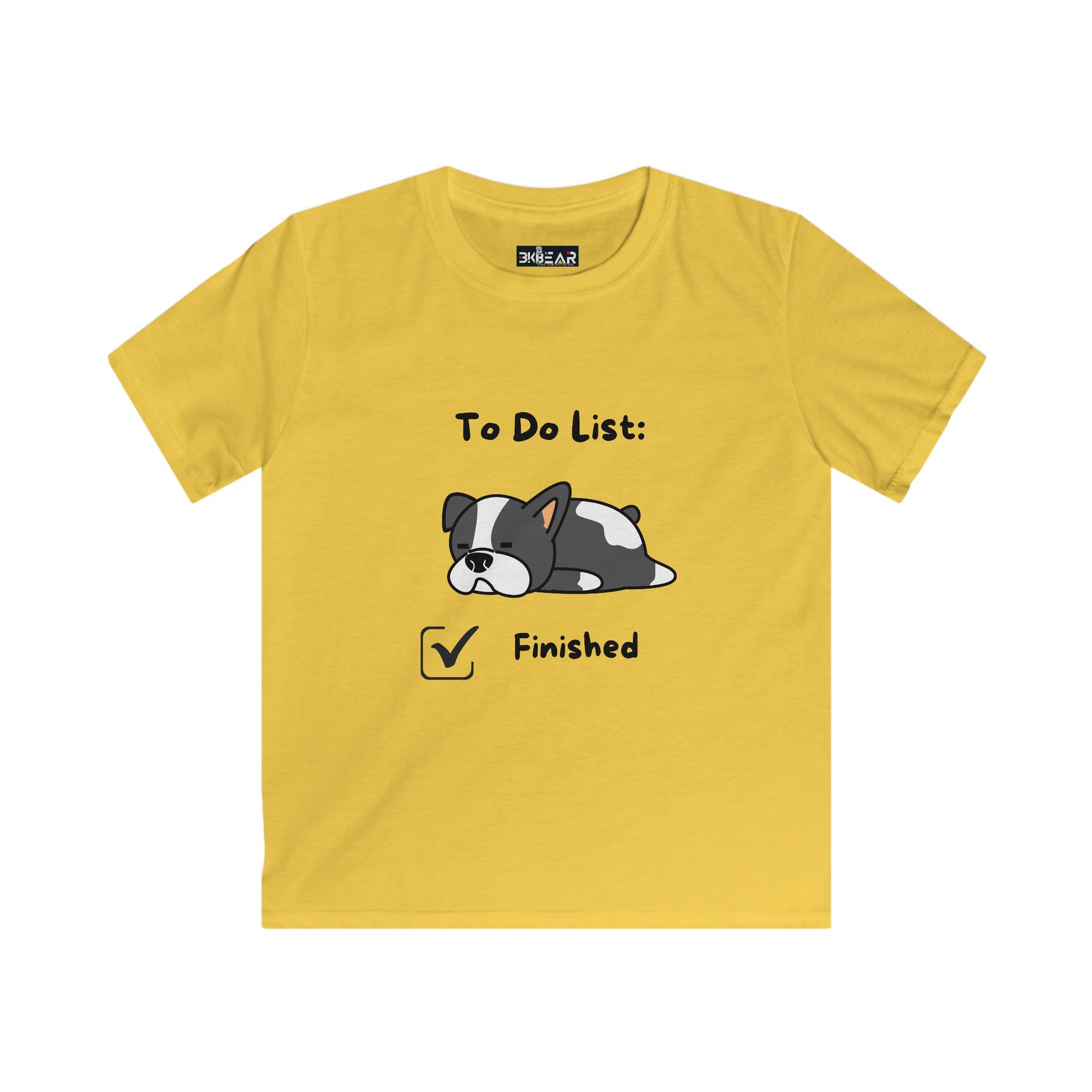 Yellow to do list shirt kids with a sleeping dog and finished checkbox graphic
