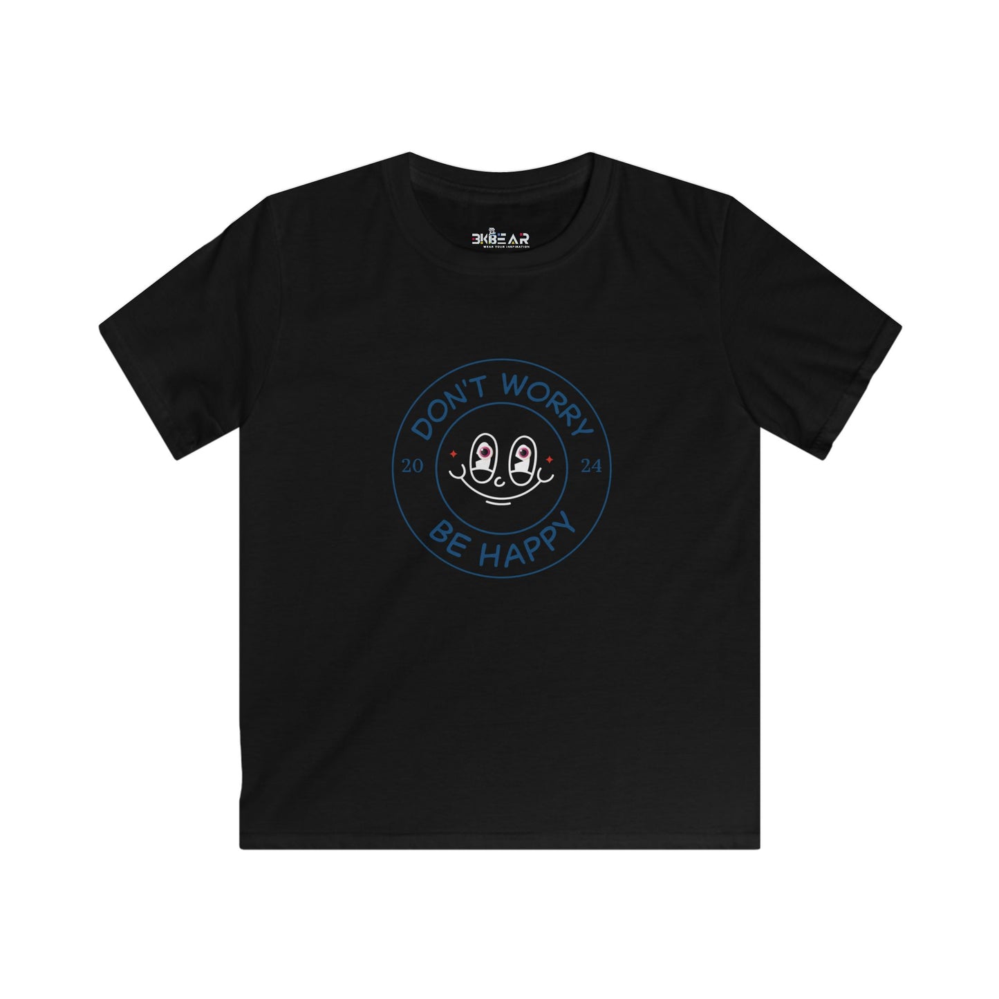 Printify black kids shirt with happy kids shirt design featuring smiley face and positive message
