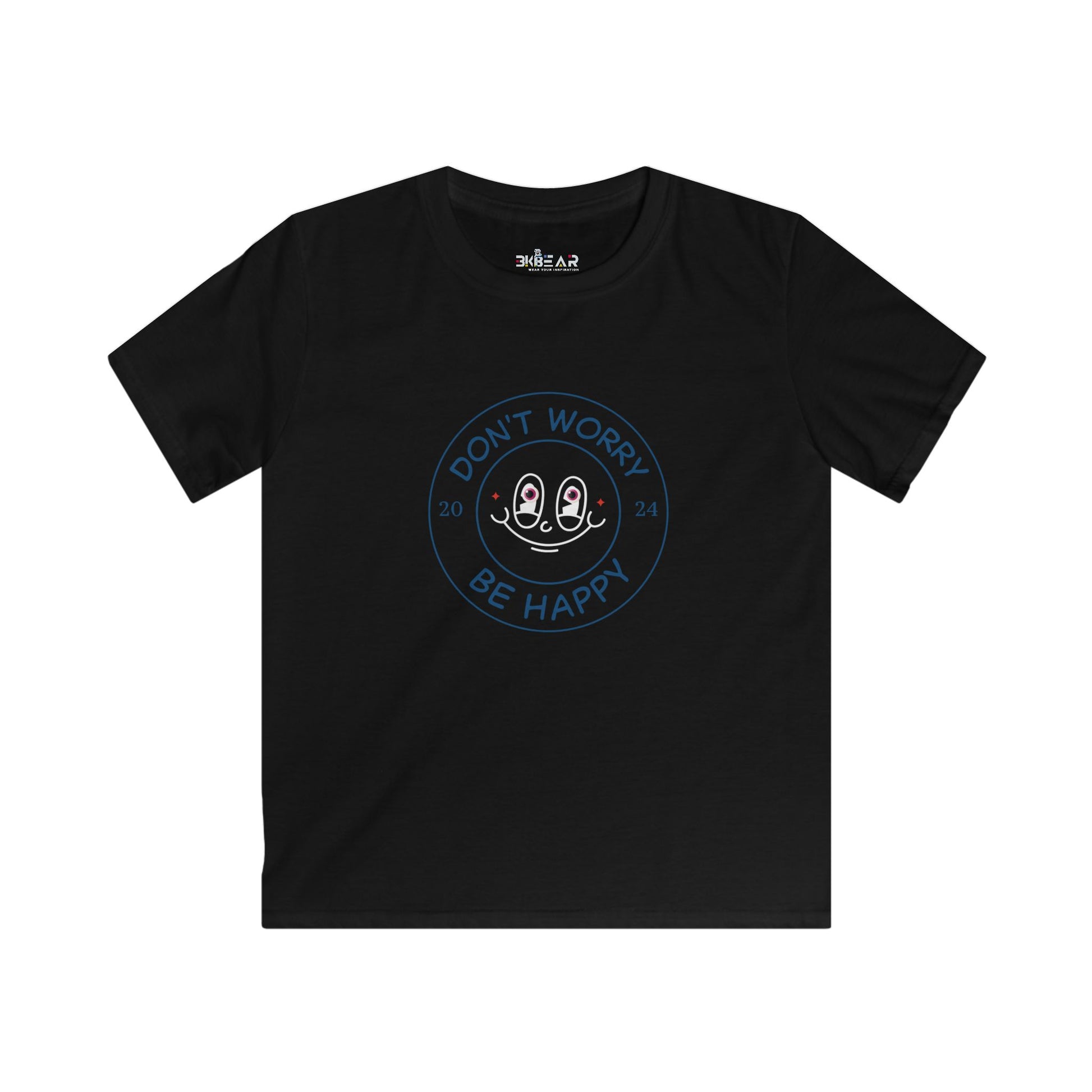 Printify black kids shirt with happy kids shirt design featuring smiley face and positive message