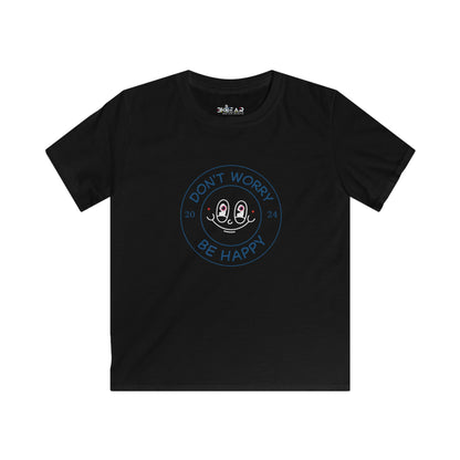Printify black kids shirt with happy kids shirt design featuring smiley face and positive message