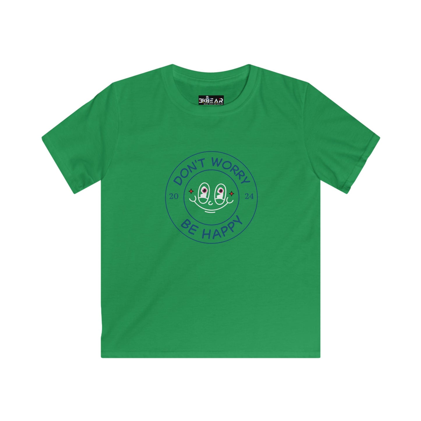 Green kids shirt with cheerful face and dont worry be happy text happy kids shirt by Printify
