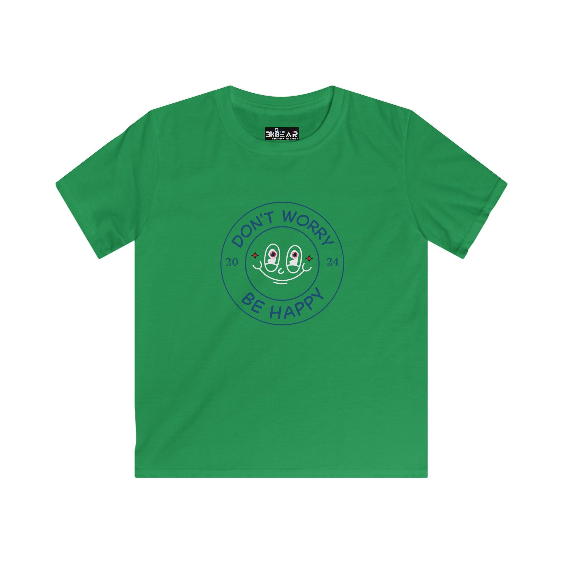 Green kids shirt with cheerful face and dont worry be happy text happy kids shirt by Printify