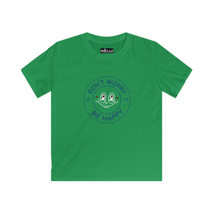 Green kids shirt with cheerful face and dont worry be happy text happy kids shirt by Printify