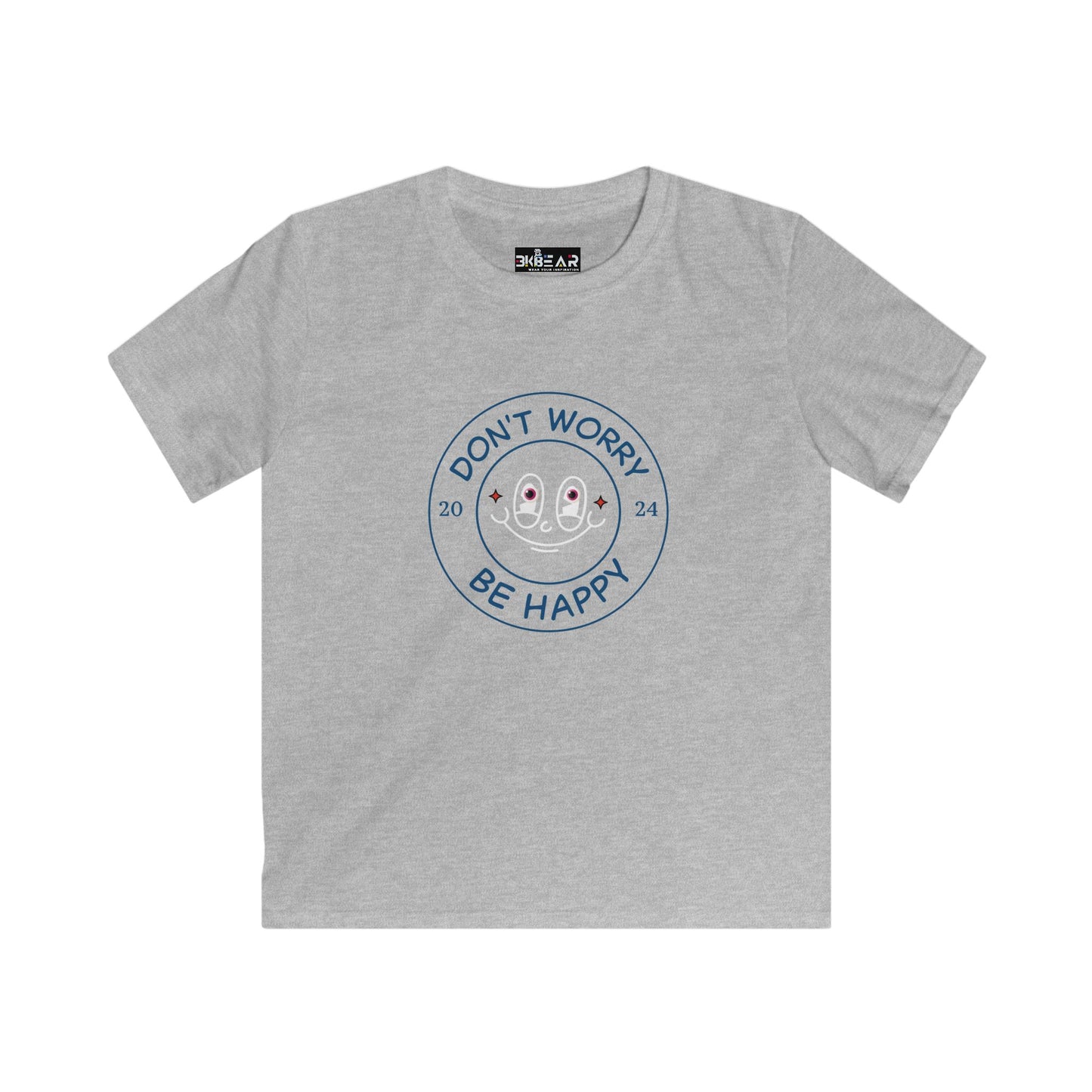 Gray kids happy kids shirt with smiley face and text Dont worry be happy printed on front