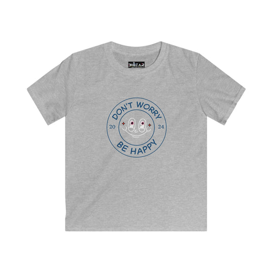 Gray kids happy kids shirt with smiley face and text Dont worry be happy printed on front
