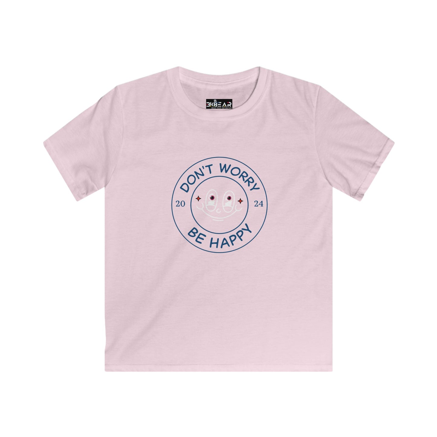Light pink happy kids shirt with Dont Worry Be Happy smiley face print from Printify