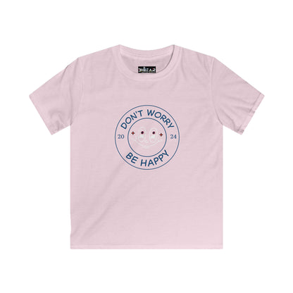Light pink happy kids shirt with Dont Worry Be Happy smiley face print from Printify