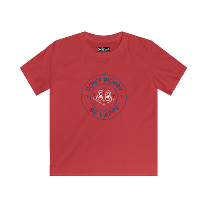 Red kids shirt by Printify with happy face and don't worry be happy text happy kids shirt