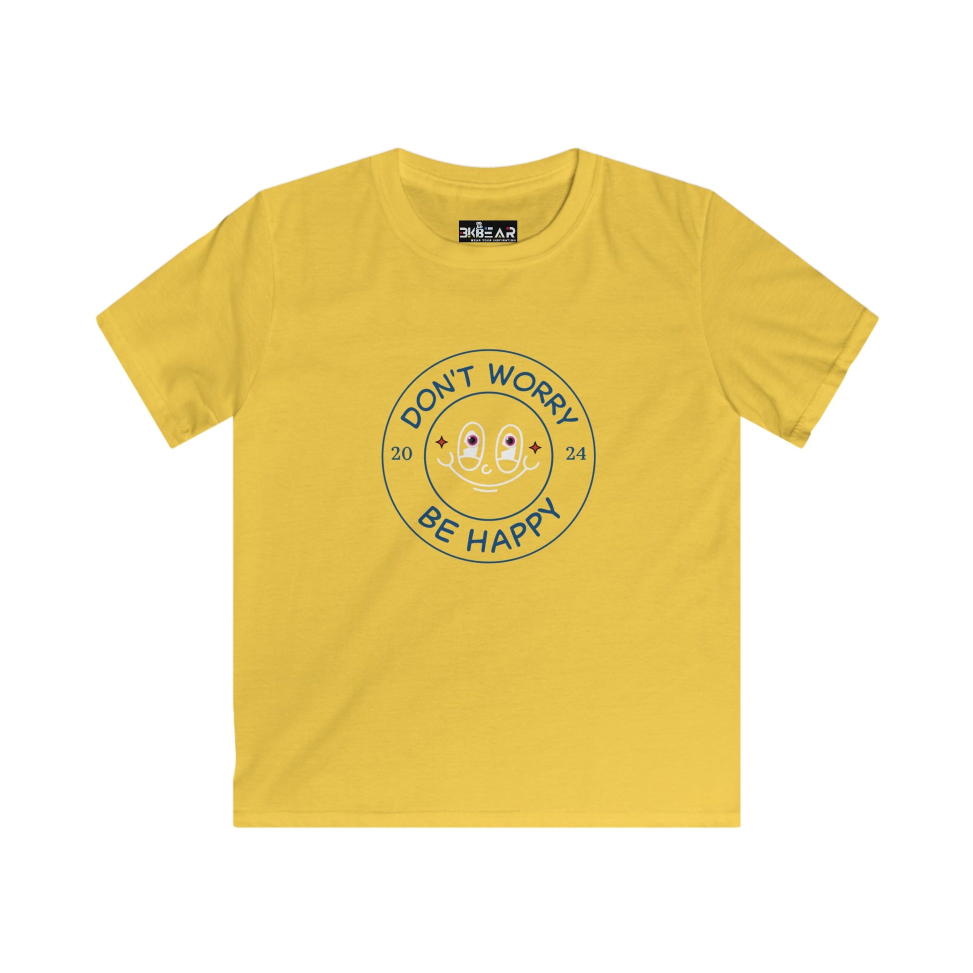 Yellow kids shirt from Printify with a smiley face and text don’t worry be happy happy kids shirt