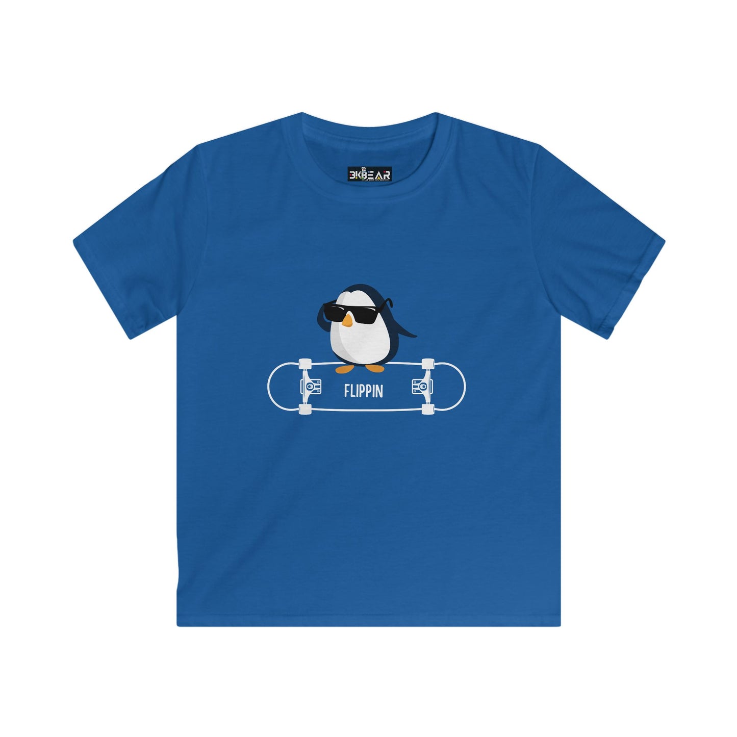 Blue penguin kids shirt with cool penguin wearing sunglasses and skateboard design