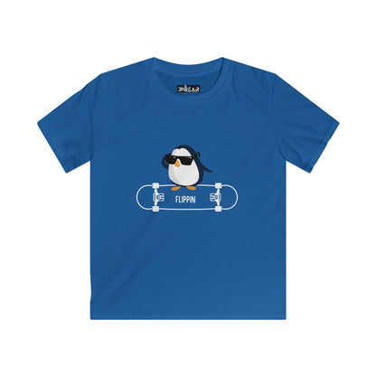 Blue penguin kids shirt with cool penguin wearing sunglasses and skateboard design