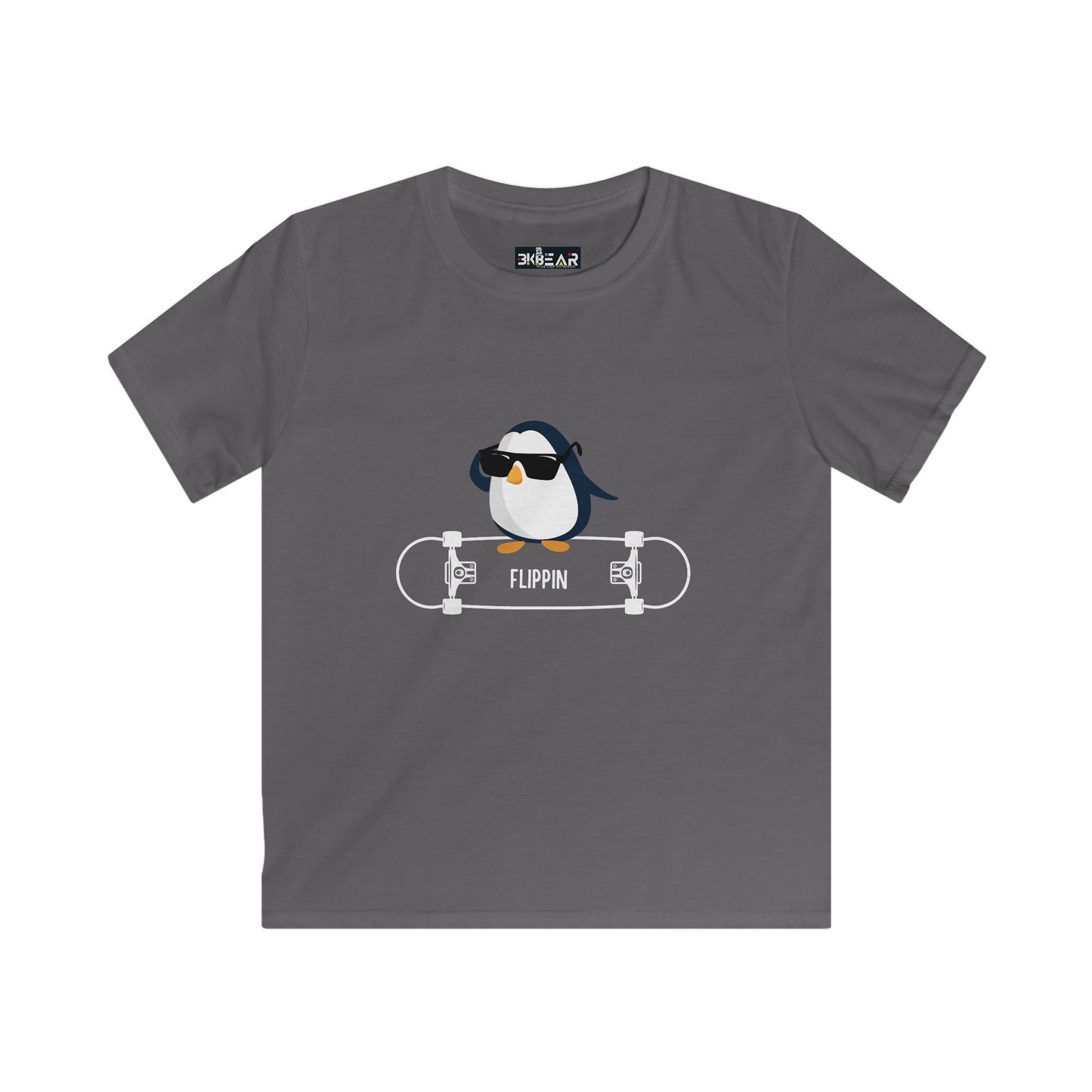 Gray penguin kids shirt with cool sunglasses penguin on skateboard design by Printify