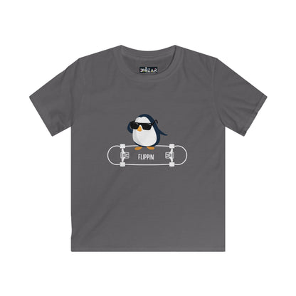 Gray penguin kids shirt with cool sunglasses penguin on skateboard design by Printify