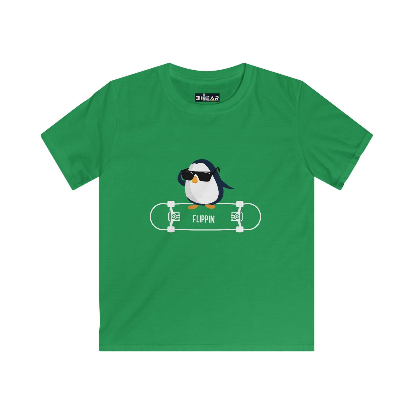 Green penguin kids shirt with a cool penguin wearing sunglasses on a skateboard graphic