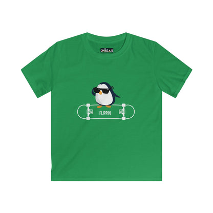 Green penguin kids shirt with a cool penguin wearing sunglasses on a skateboard graphic