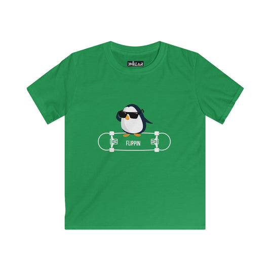 Green penguin kids shirt with a cool penguin wearing sunglasses on a skateboard graphic
