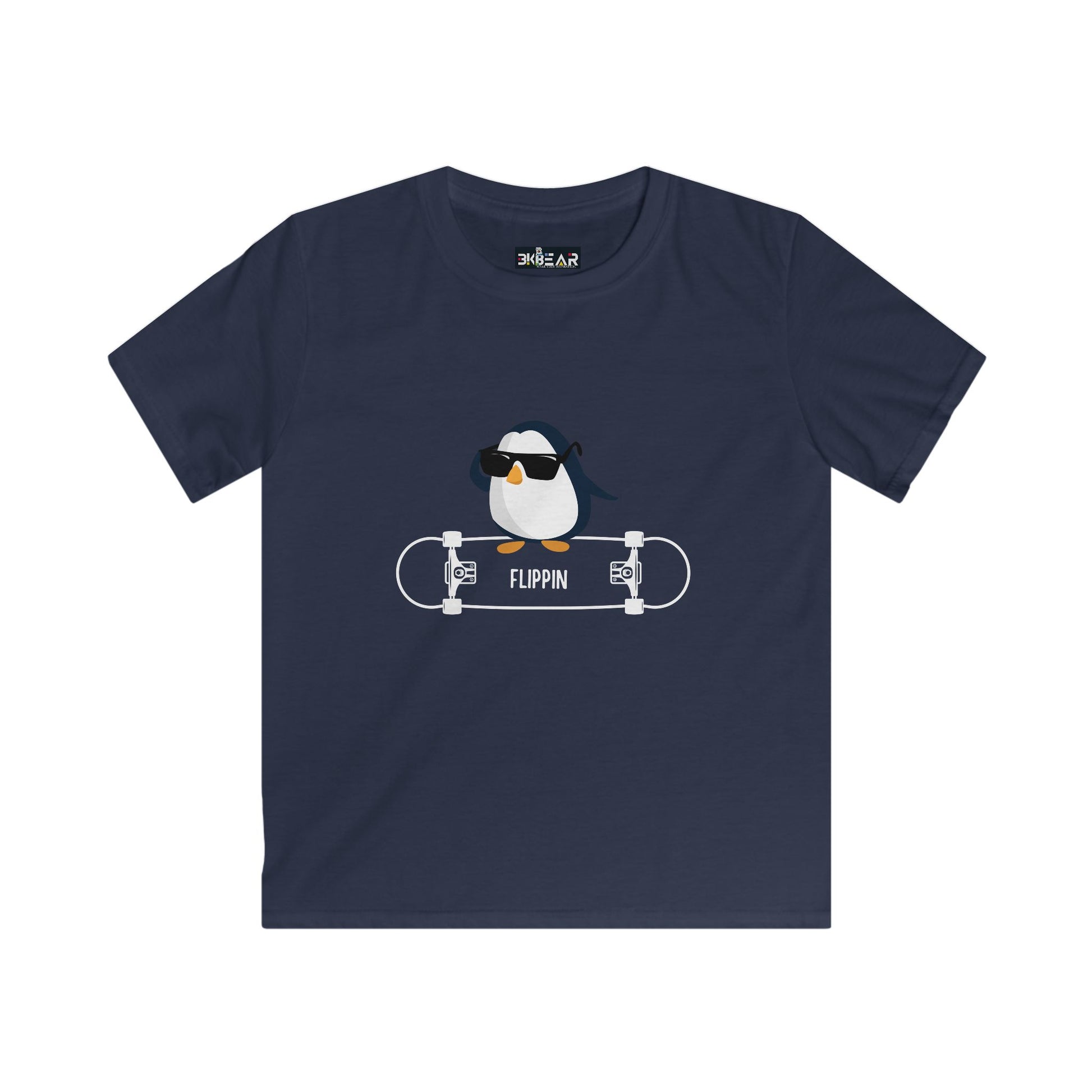 Navy Printify penguin kids shirt with a cool penguin wearing sunglasses on a skateboard