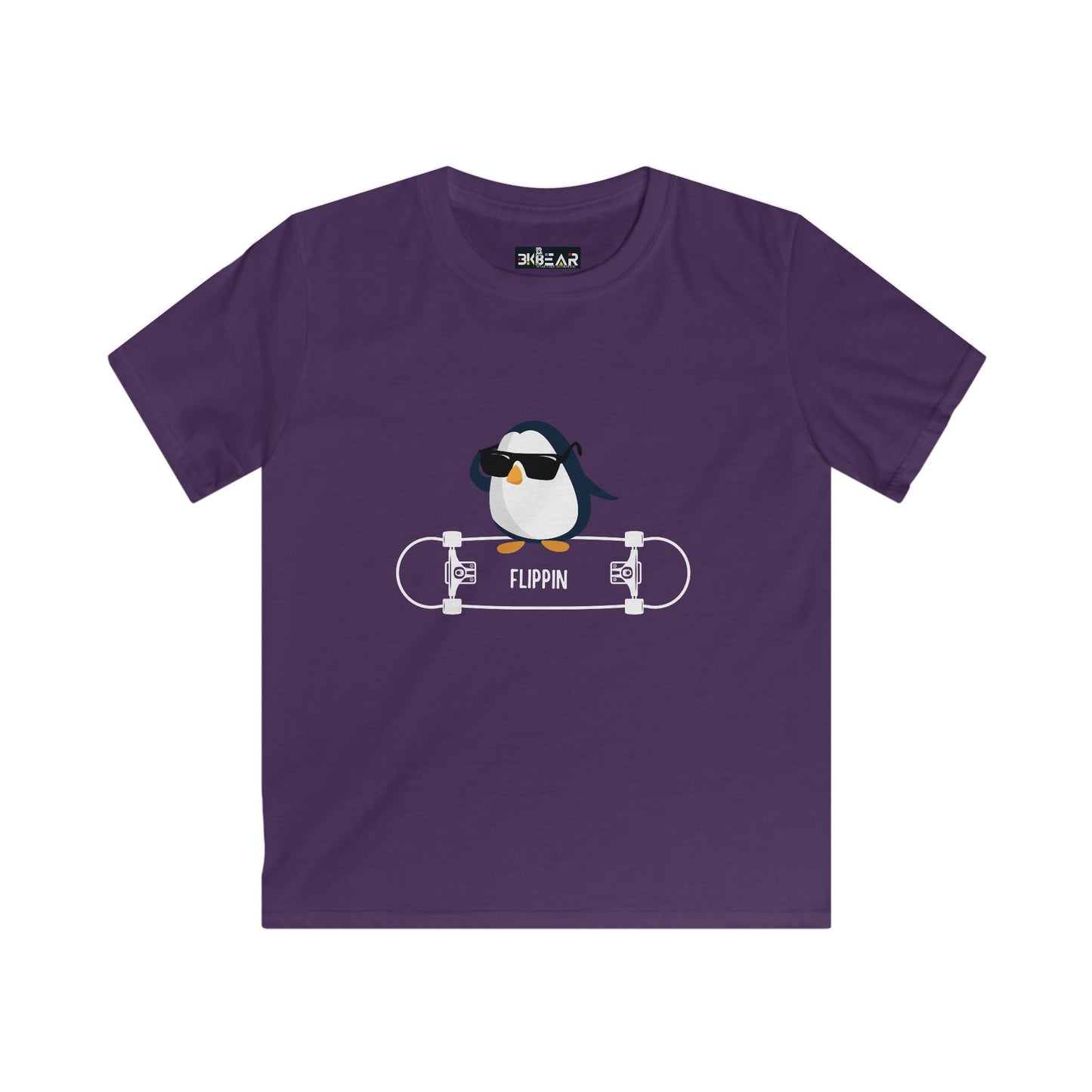 Purple penguin kids shirt with cool penguin on skateboard graphic from Printify