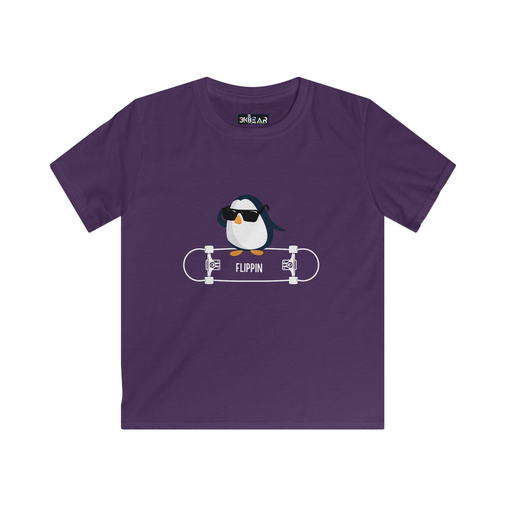 Purple penguin kids shirt with cool penguin on skateboard graphic from Printify