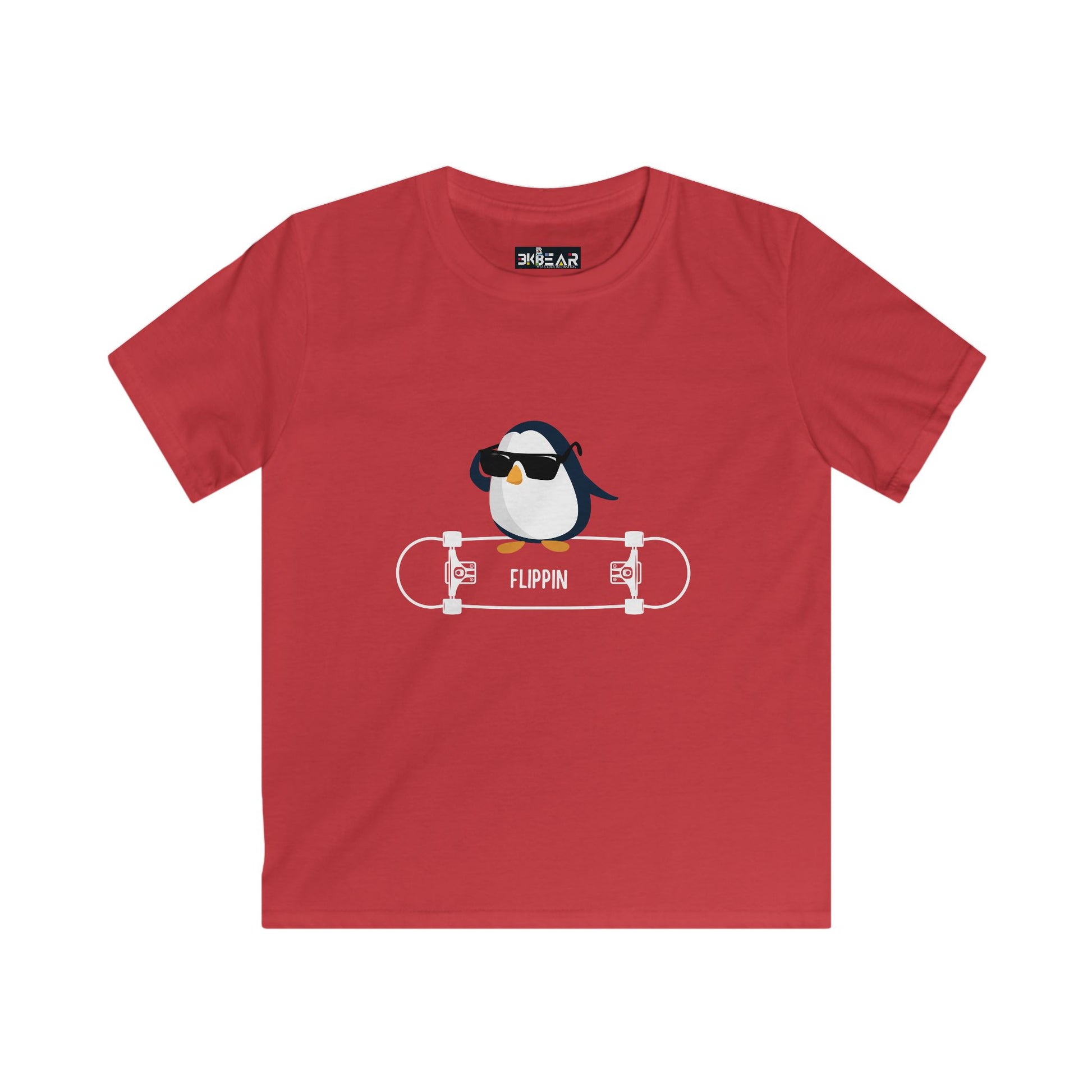 Red penguin kids shirt with a cool penguin wearing sunglasses on a skateboard graphic