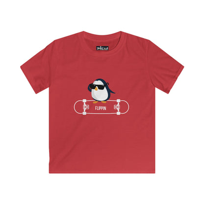 Red penguin kids shirt with a cool penguin wearing sunglasses on a skateboard graphic