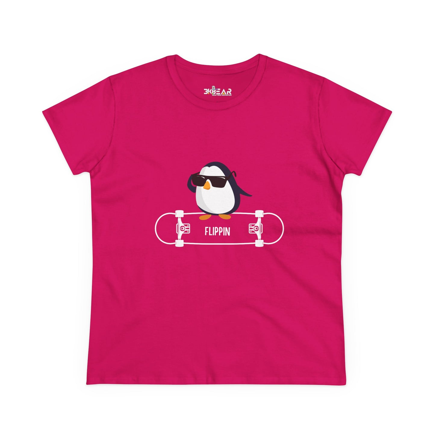 Bright pink Adélie penguin tee featuring a cool penguin with sunglasses on a skateboard graphic