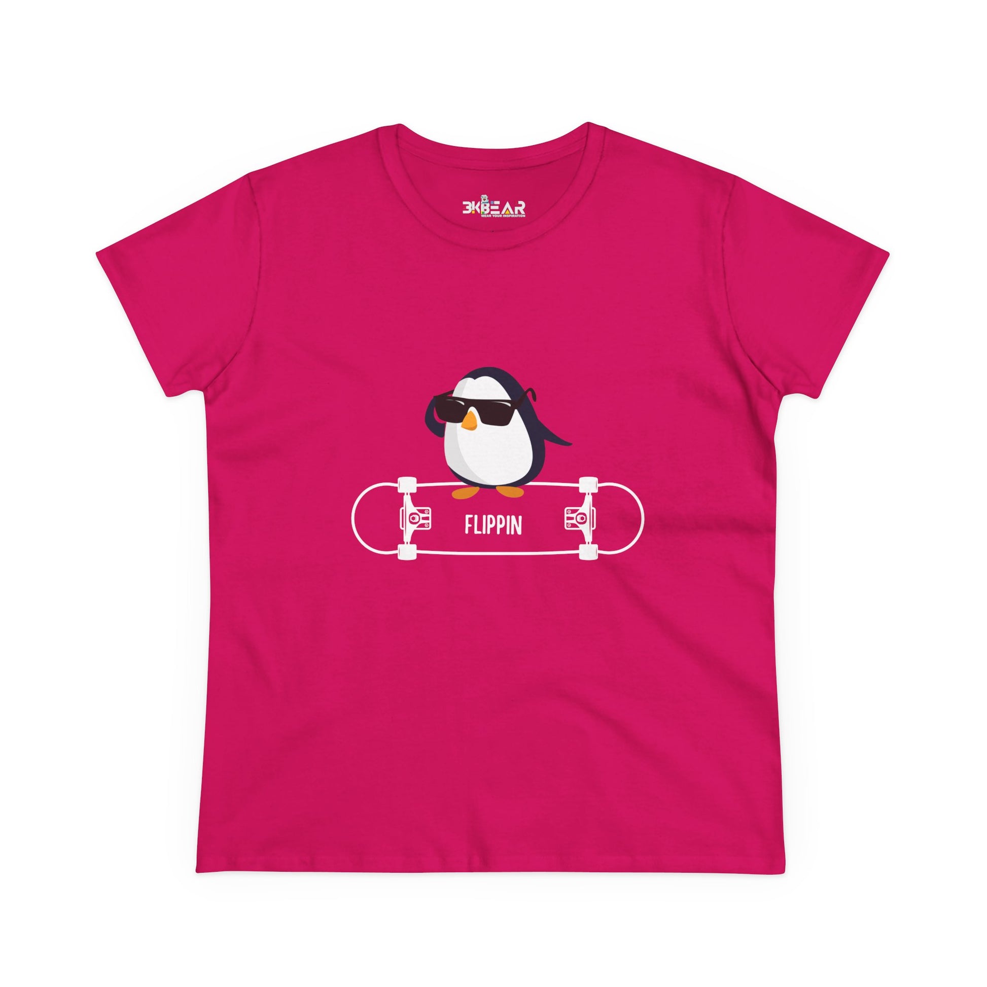 Bright pink Adélie penguin tee featuring a cool penguin with sunglasses on a skateboard graphic