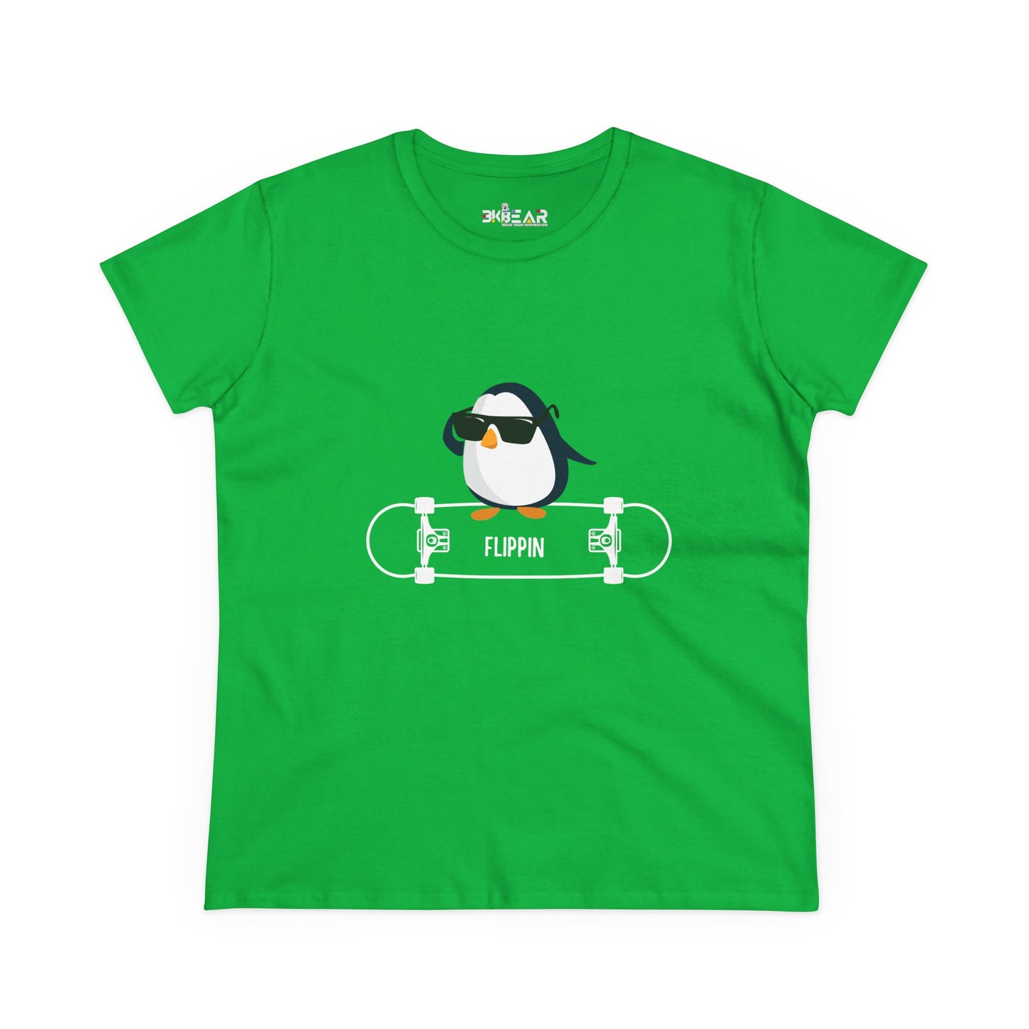 Green Printify T-shirt featuring a cool Adélie penguin tee design with sunglasses and skateboard graphic