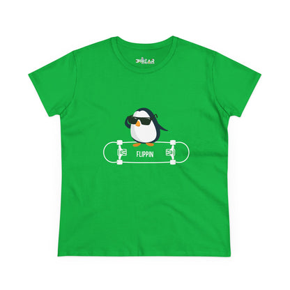 Green Printify T-shirt featuring a cool Adélie penguin tee design with sunglasses and skateboard graphic