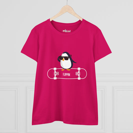 Printify red Adélie penguin tee with cartoon penguin wearing sunglasses on skateboard