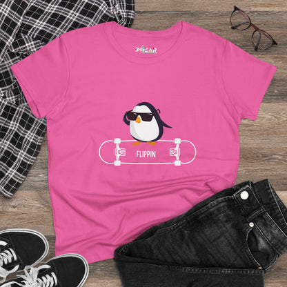 Pink Adélie penguin tee with cartoon penguin on skateboard wearing sunglasses