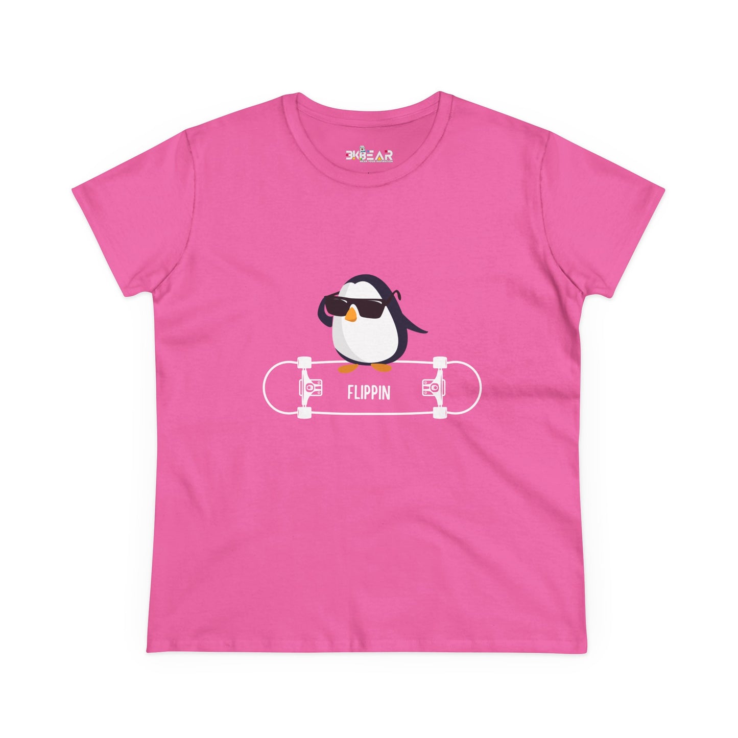 Pink Printify T-Shirt featuring a cool Adélie penguin tee graphic with sunglasses on a skateboard