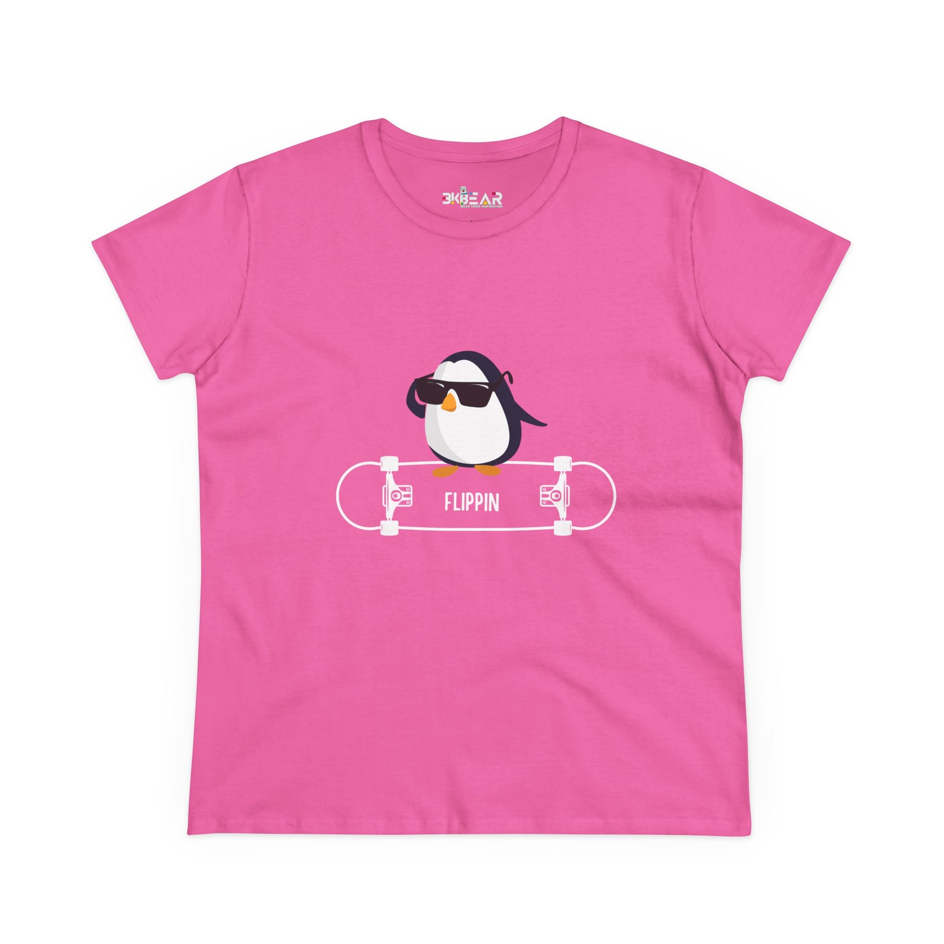 Pink Printify T-Shirt featuring a cool Adélie penguin tee graphic with sunglasses on a skateboard