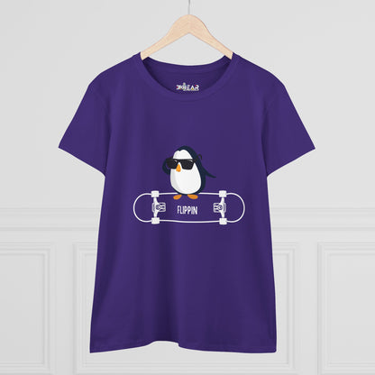 Purple Printify Adélie penguin tee with graphic of penguin wearing sunglasses on skateboard